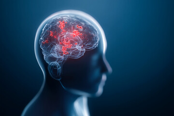 Human head with glowing red brain regions, illustrating viral encephalitis caused by Bornavirus or similar neurotropic viruses