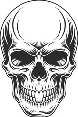Highly Detailed Black and White Skull Illustration in Engraving or Woodcut Style, Intimidating Front View Vector Artwork Representing Death, Fear, and Gothic Design.