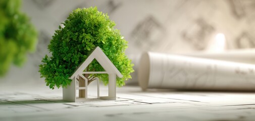 The House Model and Green Tree on Architectural Blueprint Representing Sustainable Home Design
