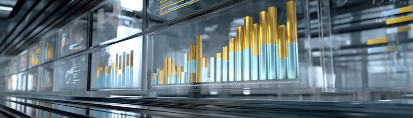 Obraz premium A sleek, modern digital interface displays dynamic graphs and charts, emphasizing data visualization in a futuristic setting, virtual multi dashboards for presentation