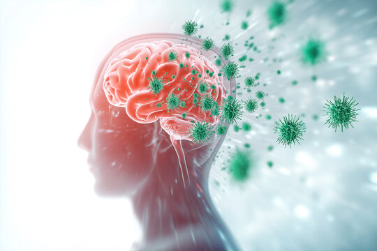 Inflamed brain and surrounding viral particles, illustrating Bornavirus or other neurotropic viral infections