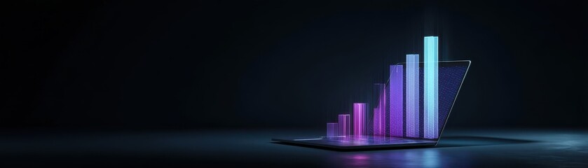 A futuristic laptop displaying vibrant, 3D bar graphs, symbolizing data visualization and analytics in a dark, sleek environment, virtual multi dashboards for presentation