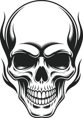 Detailed Black and White Vector Illustration of an Intimidating Human Skull with Flames or Tribal Elements, Tattoo Style Design Representing Death, Power, and Danger.
