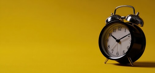 The alarm clock on a bright yellow background casting a clean dramatic shadow