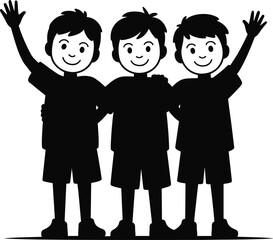 Black Silhouette of Three Happy Boys Hugging, Friends Standing Together with Arms Raised, Cartoon Illustration Representing Childhood, Friendship, and Teamwork.