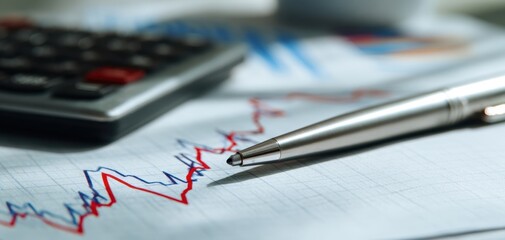 The Pen on Financial Chart with Calculator Blur and Rising Market Lines