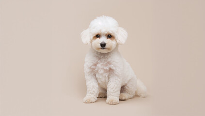 Fototapeta premium Adorable White Dog Against Soft Beige Background