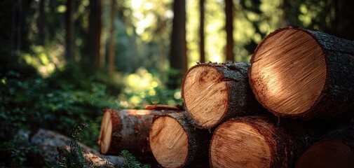 The Logs Stacked in a Sunlit Mossy Forest Clearing at Morning Light