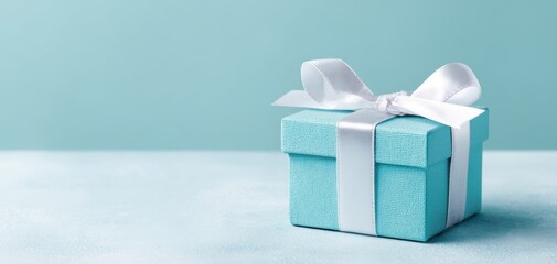 The Gift Box on a Soft Teal Background with White Satin Ribbon and Bow