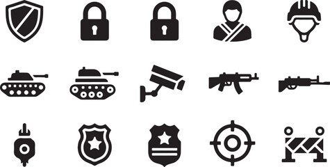 Minimalist Military & Security Icon Set – Black & White Vector Icons