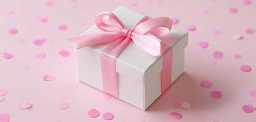 The Gift Box with Pink Ribbon and Confetti on Soft Pastel Background for Celebration