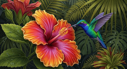 Hummingbird and Hibiscus A Vibrant Tropical Scene