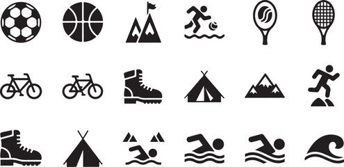 Minimalist Sports & Outdoor Activity Icon Set – Black & White Vector Icons