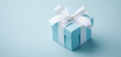 The Gift Box Wrapped In White Satin Ribbon On Soft Pastel Blue Background