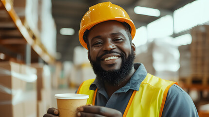 A cheerful middle-aged African engineer wearing a safety hat, enjoying a burger and coffee during his lunch break at the warehouse.