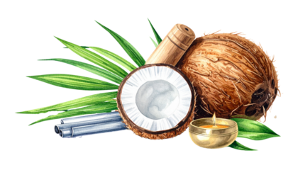 Whole Coconut With Fibrous Husk Beside Meditation Chime and Singing Bowl, Isolated on Transparent Background.