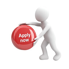 Pushable Red Apply Now Button with 3D Figure on Transparent BG