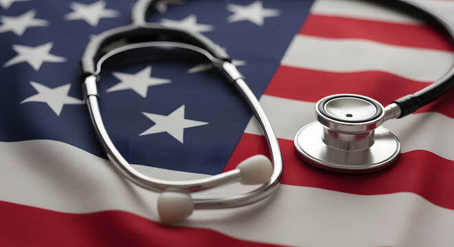 A stethoscope rests on the american flag, symbolizing healthcare in the united states and the importance of medical services for citizens