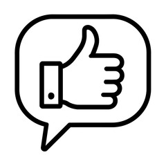 Fototapeta premium Black and white line art icon of a hand with a thumbs-up gesture in a speech bubble. Symbolizes approval, 'like,' positive feedback, satisfaction, agreement, endorsement. Ideal for social media, UI/UX