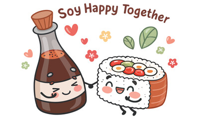 Cute Soy Sauce and Sushi Cartoon — “Soy Happy Together” Kawaii Food Art .