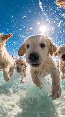 Excited Golden Puppies Charging Through Water