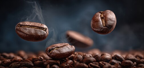 The coffee beans floating above a steaming pile evoke rich aromatic morning indulgence