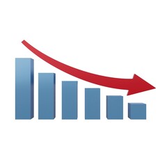 3D render of a blue bar chart with a red downward arrow symbolizing financial loss, economic decline, business crisis, negative trend, recession, market fall, and poor investment performance concept.