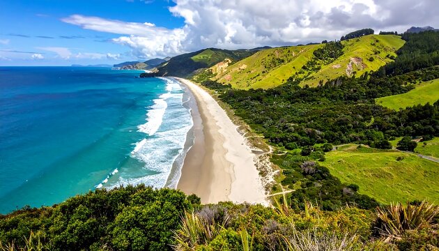 Scenic Coastal Beauty - A Stunning View of a New Zealand Beach.