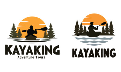 Kayaking Adventure Logo Badges | Forest Lake Sunset Vector