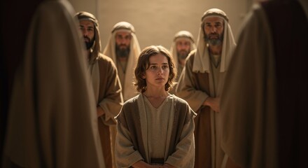 Young Jesus in the temple surrounded by elders in mid shot