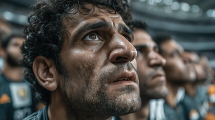 A passionate male soccer fan gazes upward, filled with emotion, as Egypt's national flag waves proudly in a packed stadium.