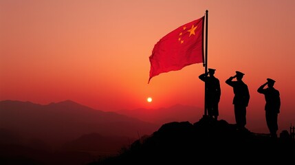 Chinese national flag raised on a mountaintop at sunrise, with soldiers saluting in silhouette against a vibrant sky.
