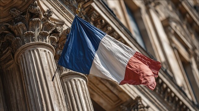 French national flag hanging prominently outside a historic building, showcasing vibrant blue, white, and red colors against ornate architecture.