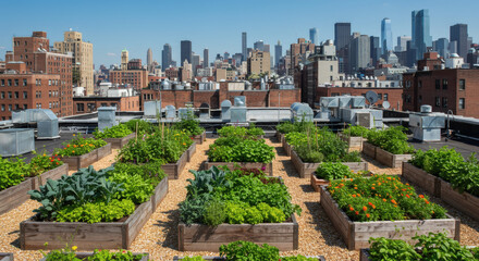 Rooftop garden with city skyline urban agriculture sustainable living concept