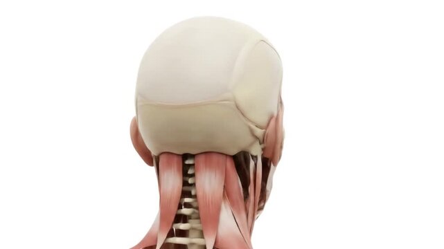 Anatomical illustration of the human skull and neck muscles from behind.