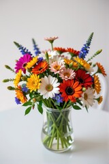 A vibrant bouquet of wildflowers arranged in a glass vase sits on a pristine white table, summer, delicate, spring