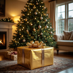 New Year's golden gift box near the Christmas tree