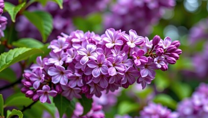 Obraz premium Delicate lilac blossoms on a vibrant syringa branch, showcasing a profusion of fragrant purple flowers, branch, violet