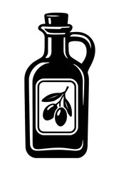 Stylized vector icon of a classic olive oil bottle with a cork stopper and handle, prominently labeled with a fresh olive branch displaying two ripe olives and leaves, symbolizing healthy Mediterranea