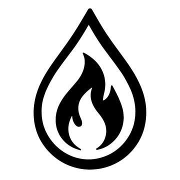Black & white vector icon: Flammable Liquid & Fuel. Flame in droplet symbolizes heat, ignition, combustion, oil, gas, petroleum. Used for industrial safety, chemical warnings, power, and heating. Mode