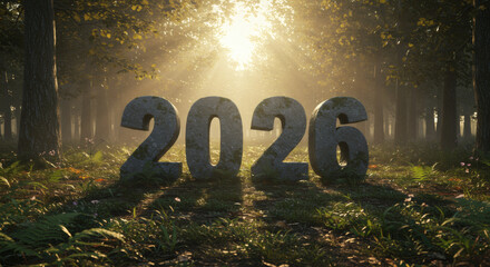 Stone numbers 2026 in a forest clearing with sunlight shining through trees