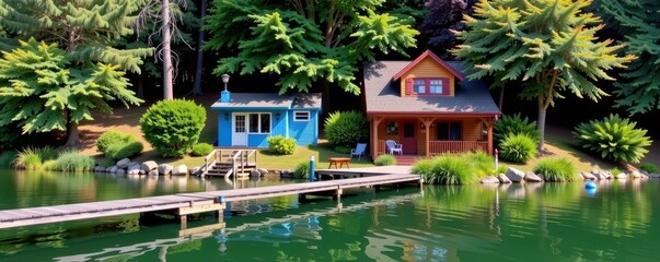 Quaint lakeside cottage with private boathouse, idyllic setting, wooden dock, tranquil waters, lush greenery, waterfront, serene
