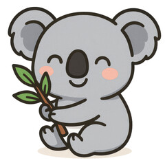 Smiling cartoon koala holding eucalyptus branch
