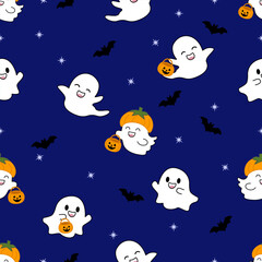 A fun, cartoon vector seamless pattern with cute ghosts and bats flying in the night sky under the stars light
