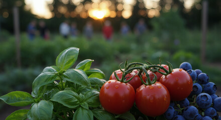 Fresh basil tomatoes and blueberries against a blurred natural background