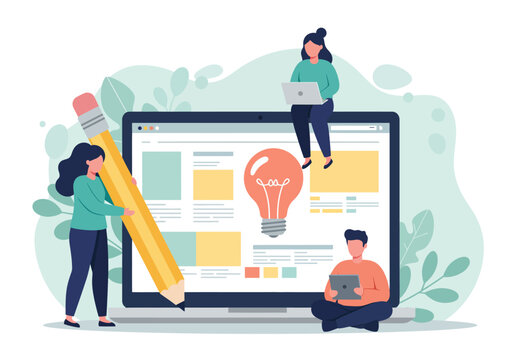 Blog authors writing articles. Freelance writers with laptops creating internet content. Vector illustration for online education, people of creative job, seo marketing concept