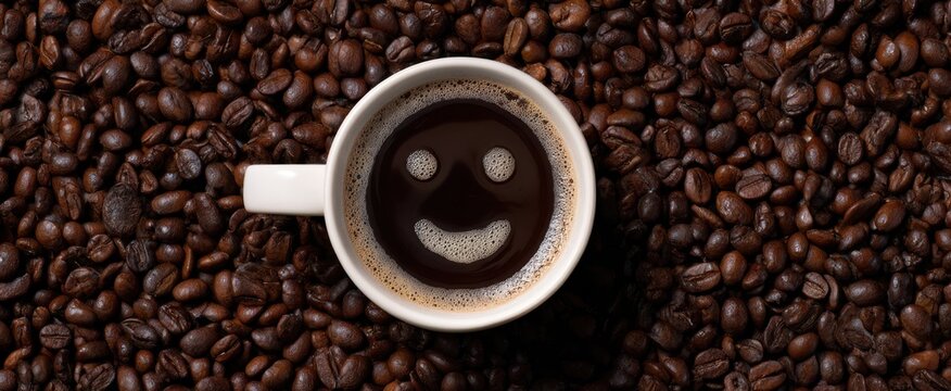 The Coffee Cup with Smiling Face in Coffee Surrounded by Roasted Beans
