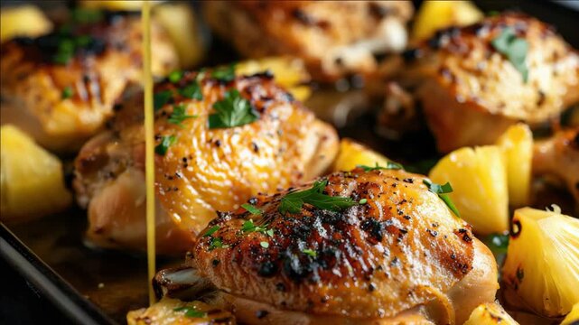 Delicious grilled chicken breast served with vegetables, garlic bread and a sauce for dipping. This is an entree or main course ideal for a satisfying meal.