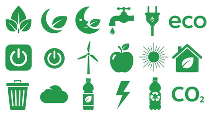 Vector illustration of collection of green eco icons, representing sustainability, renewable energy, and environmental conservation for a greener future
