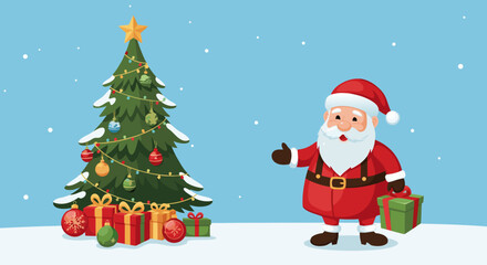 Festive Santa Claus with Decorated Christmas Tree and Presents Under Snowy Sky - A Cheerful Holiday Scene for Greeting Cards and Winter Celebrations